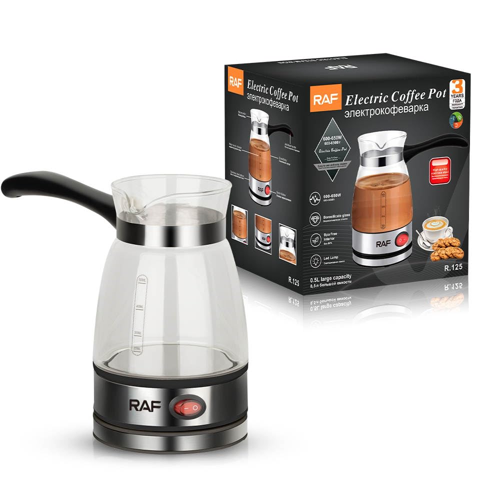 A 0.5L Electric Coffee Pot with its Pack.
