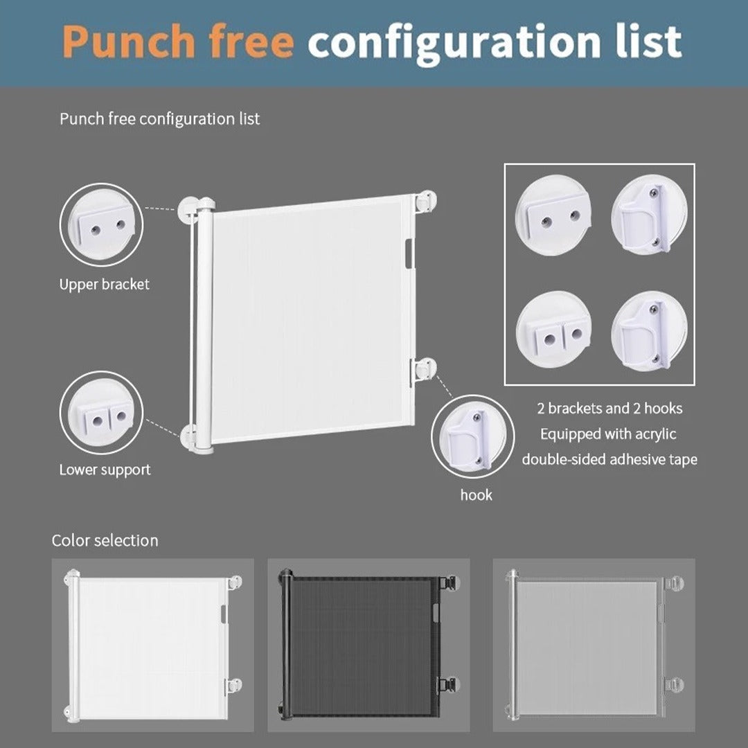 An image displaying the punch-free configuration list for the Retractable Baby and Pet Safety Gate, ensuring easy and non-destructive door installation