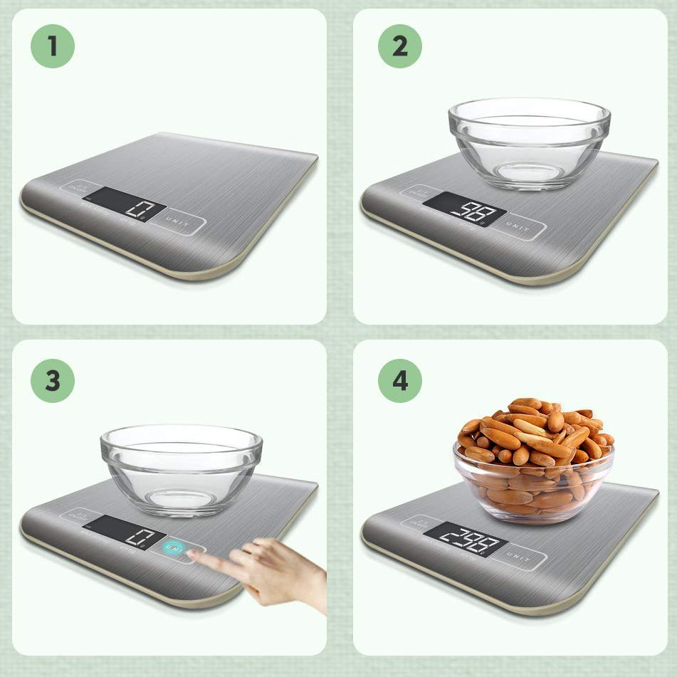 A Person is Operating 10 Kg/ 22 lbs Stainless Steel Digital Kitchen Food Scale.