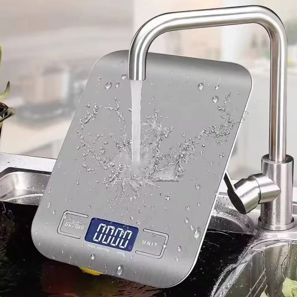 A 10 Kg/ 22 lbs Stainless Steel Digital Kitchen Food Scale is Exposed to Water.