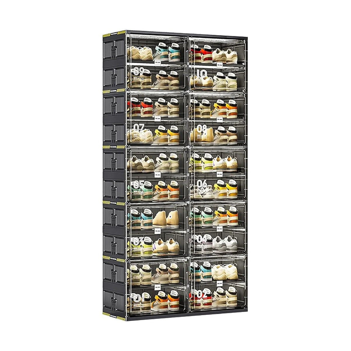 10 Layer Foldable Shoe Rack Storage Cabinet With Shoes are Arranged On it.