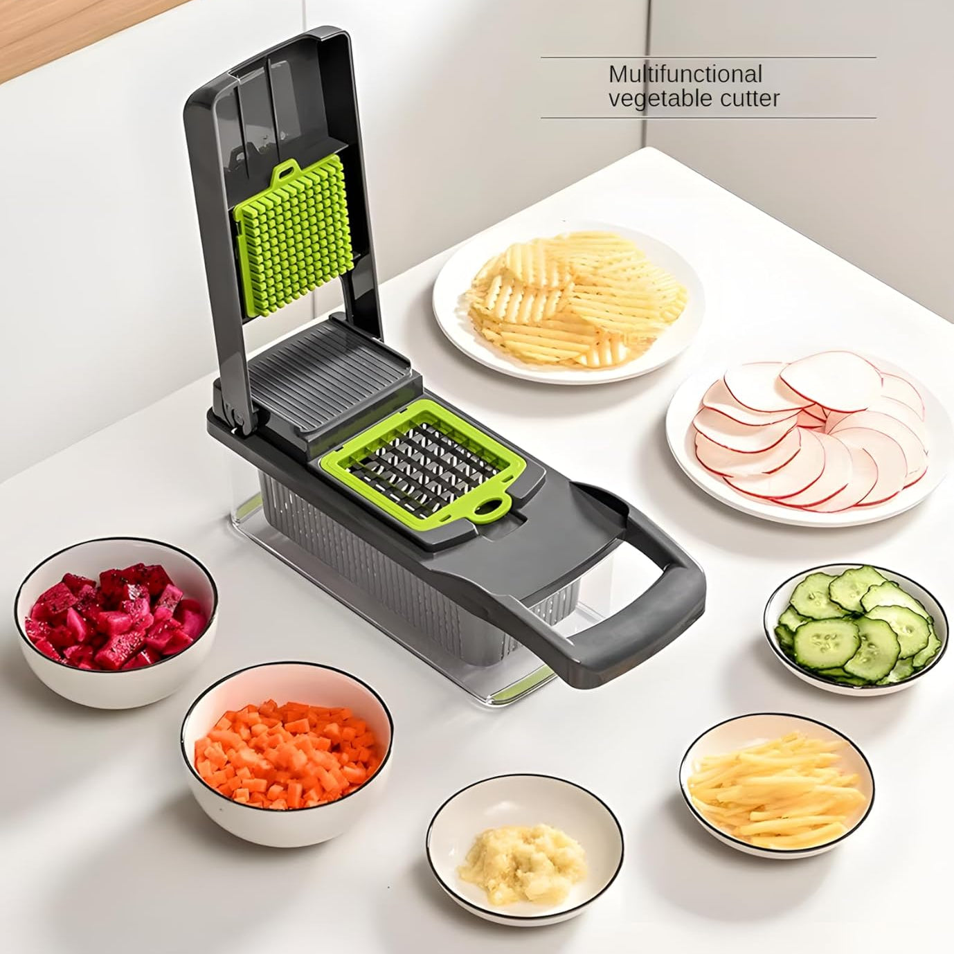 Fruits and Vegetables are Chopped Using 14 in 1 Vegetable Fruit Chopper Cutter.