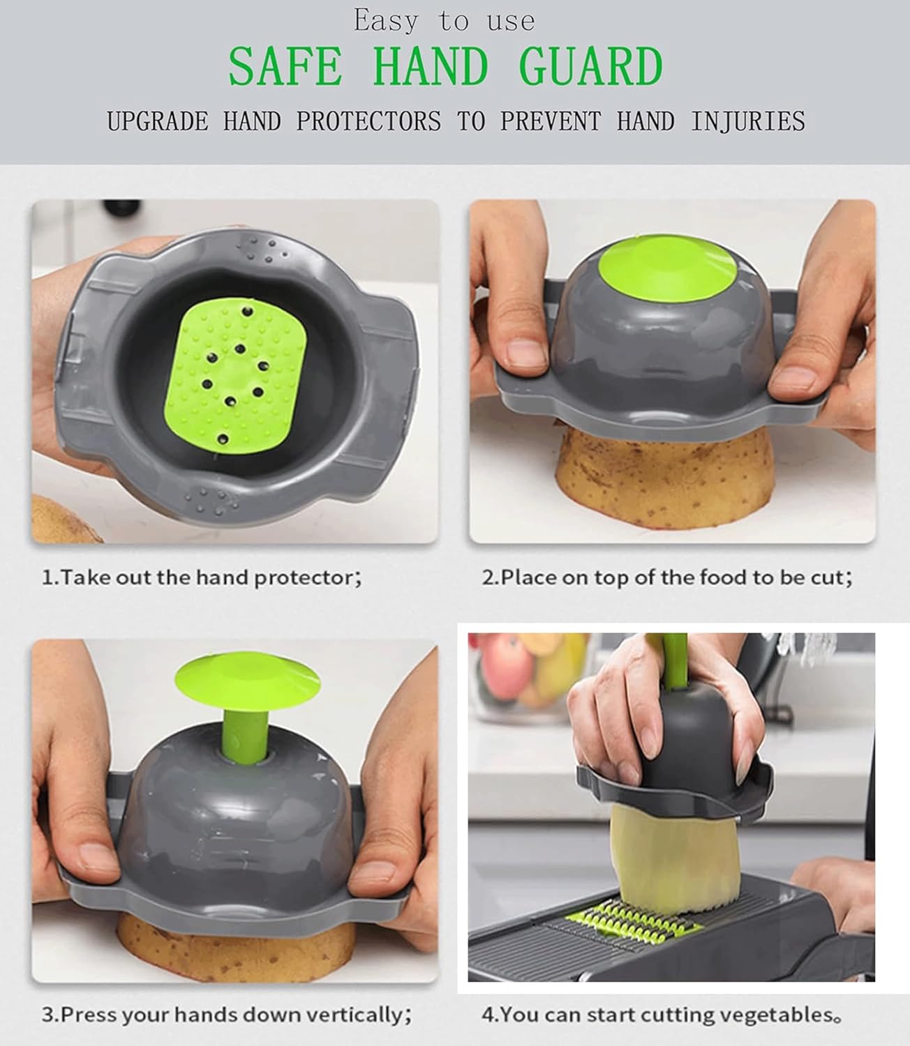 A Person is Using Hand Guard Of 14 in 1 Vegetable Fruit Chopper Cutter to Slice Potato.