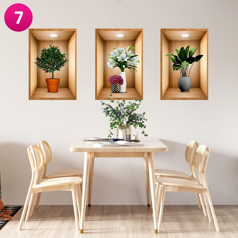 3D Effect Potted Triptych Posters, Decorative Wall Plant Stickers