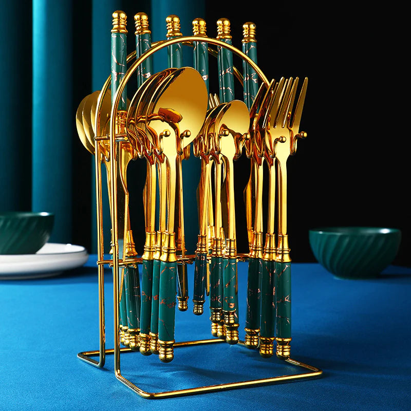 24 Pcs Ceramic Handle Tableware Cutlery Set, Stainless Steel Dinnerware Knives Forks Spoon Flatware