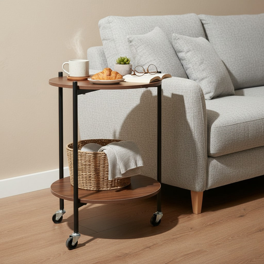 A 2-Tier Wooden Round Rolling Side Table is Placed near Sofa with Coffee and Snacks.