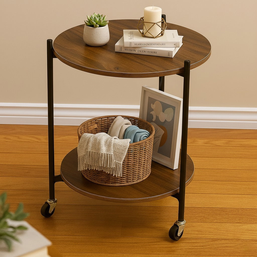 A 2-Tier Wooden Round Rolling Side Table is Organized with Decor Items.