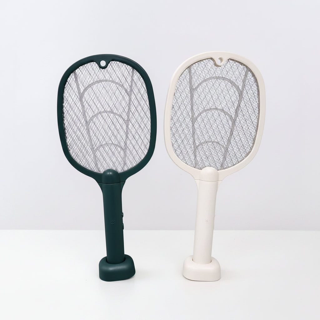 2-in-1 Electric Mosquito Swatter Racket with UV Mosquito Lamps one green and one white, on a surface with a neutral background.