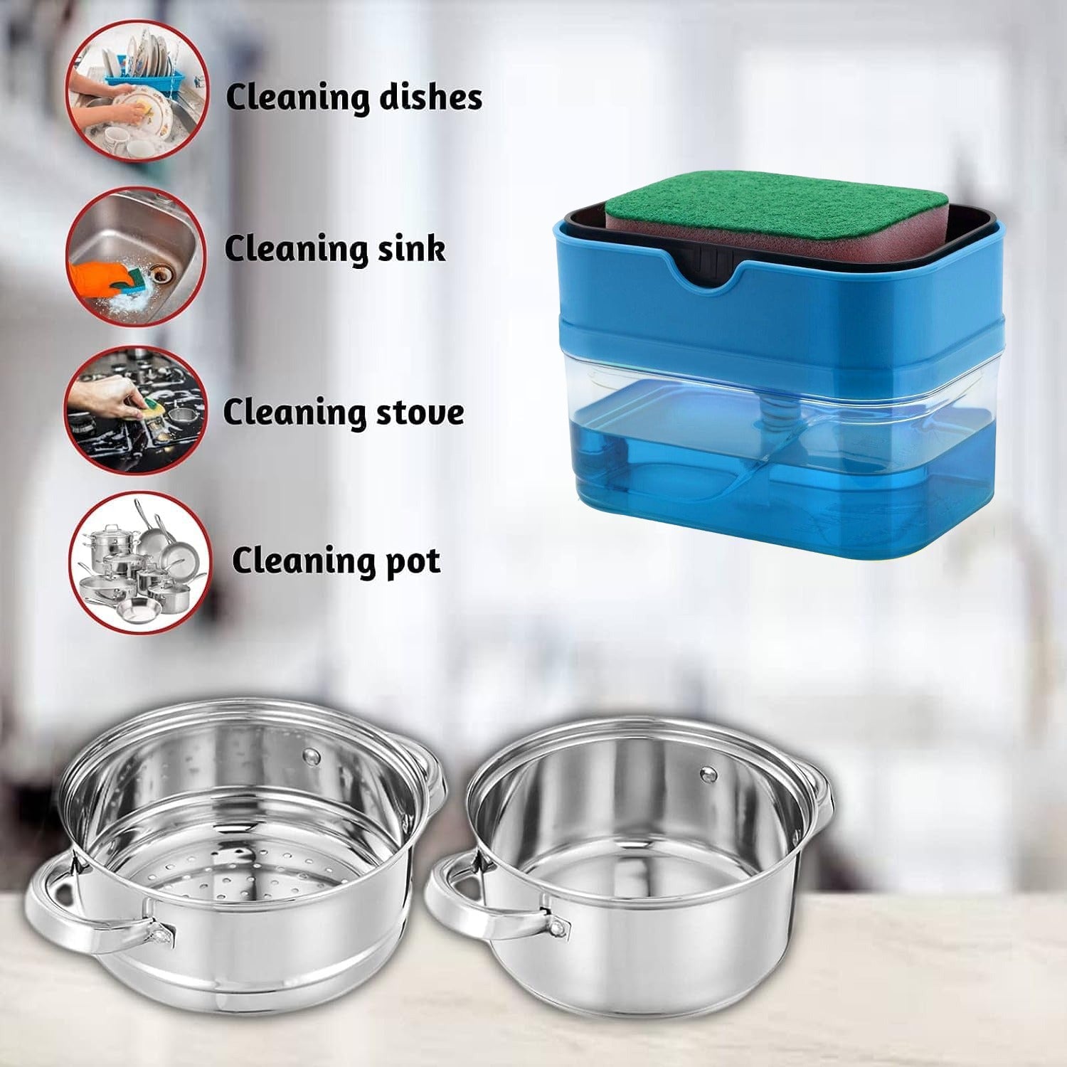 A Kitchen Pot is Cleaned Using Liquid Stored in a 2-in-1 Portable Soap Pump Dispenser.
