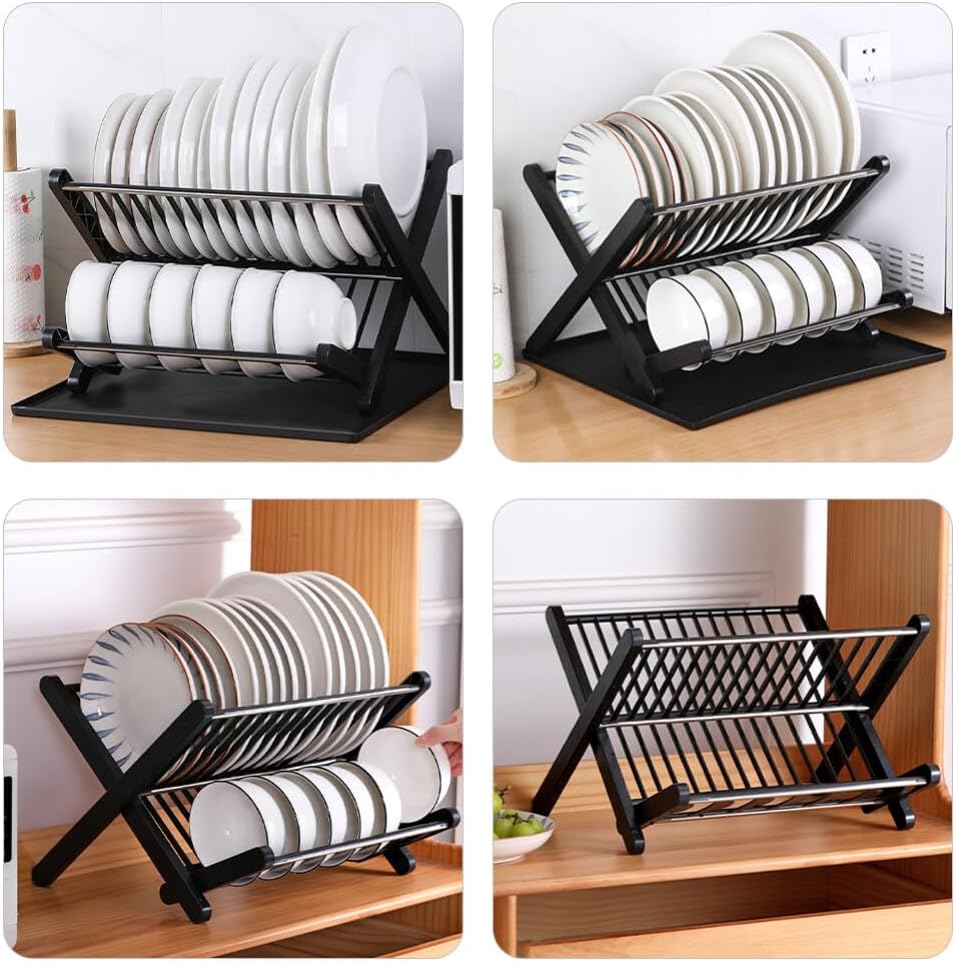 2-tier kitchen dish drying rack with large capacity for plates, bowls, and dishes, featuring a sturdy metal frame and drainage tray for organized countertop dish drying.