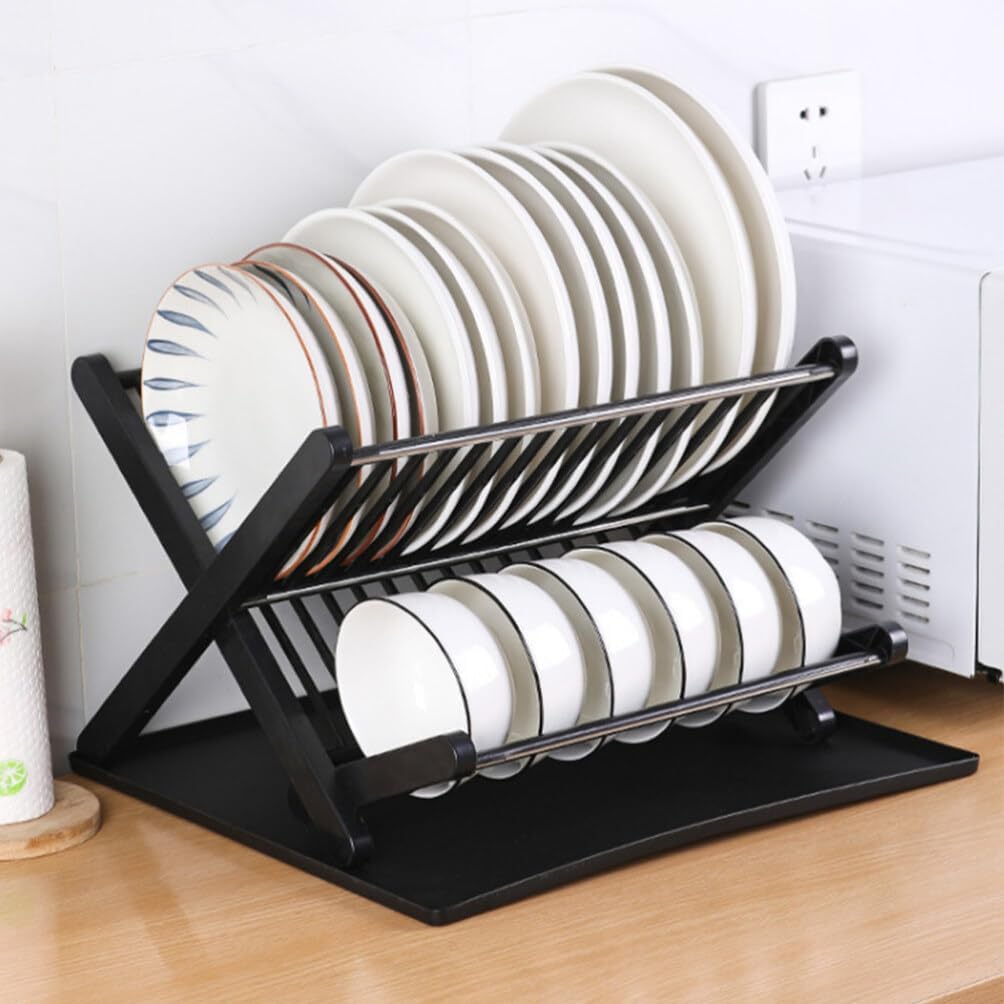 2-tier kitchen dish drying rack with large capacity for plates, bowls, and dishes, featuring a sturdy metal frame and drainage tray for organized countertop dish drying.