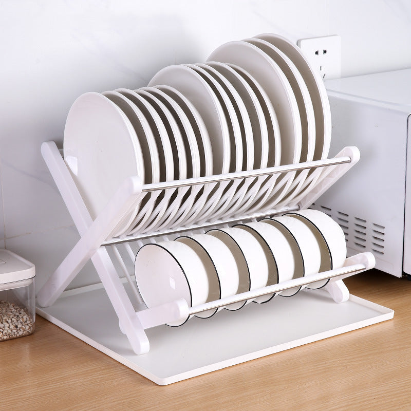 2-tier kitchen dish drying rack with large capacity for plates, bowls, and dishes, featuring a sturdy metal frame and drainage tray for organized countertop dish drying.