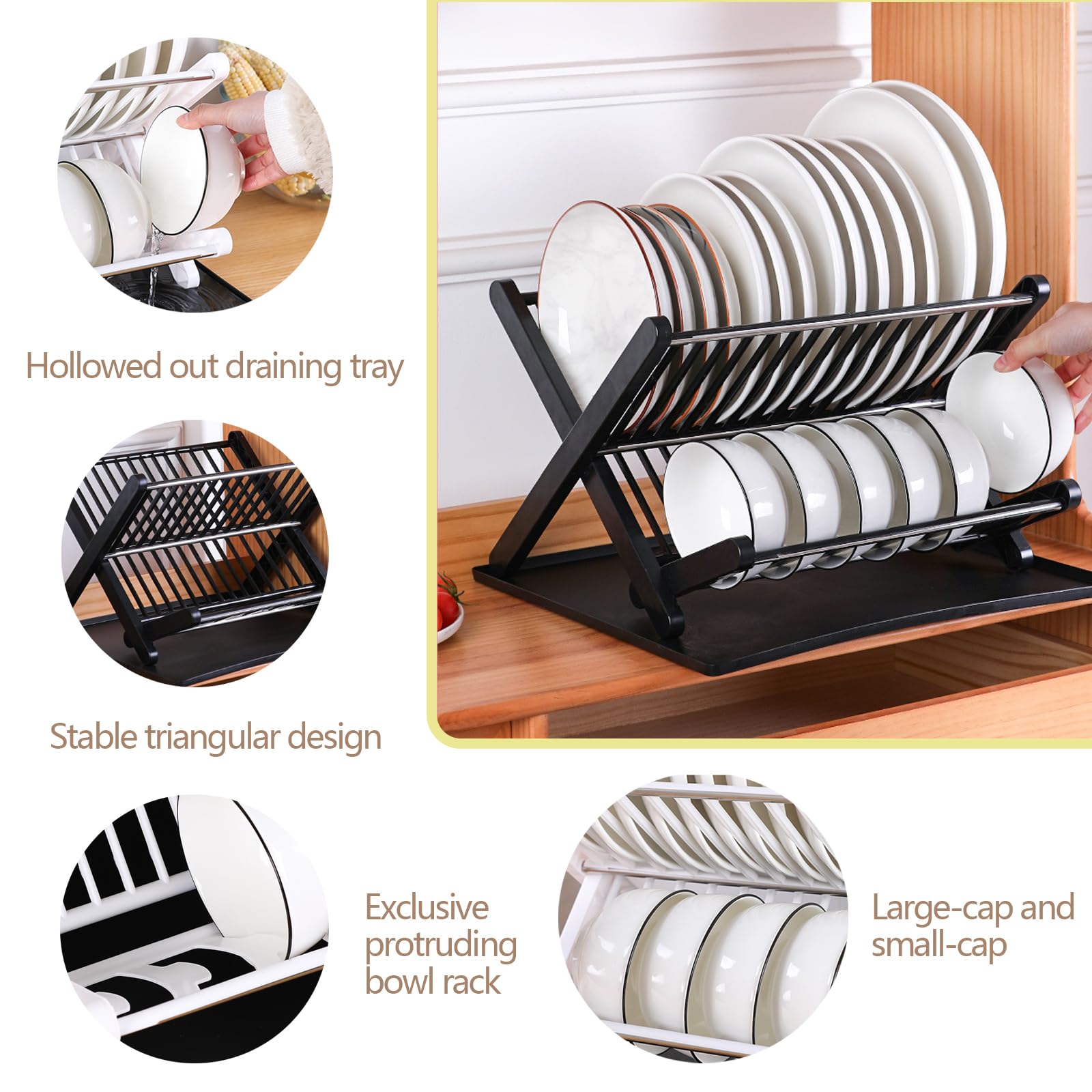2-tier kitchen dish drying rack with large capacity for plates, bowls, and dishes, featuring a sturdy metal frame and drainage tray for organized countertop dish drying.