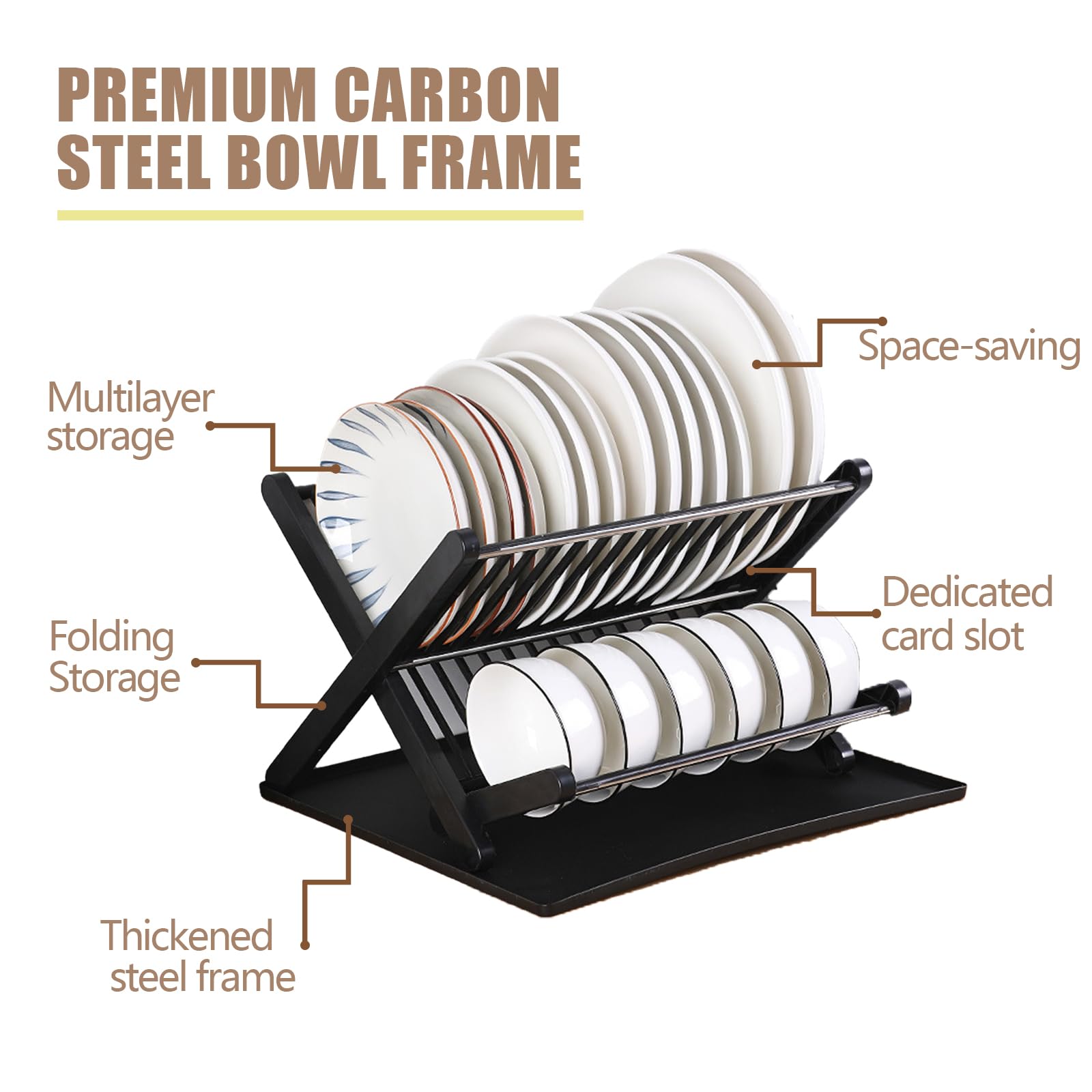 2-tier kitchen dish drying rack with large capacity for plates, bowls, and dishes, featuring a sturdy frame and drainage tray for organized countertop dish drying.