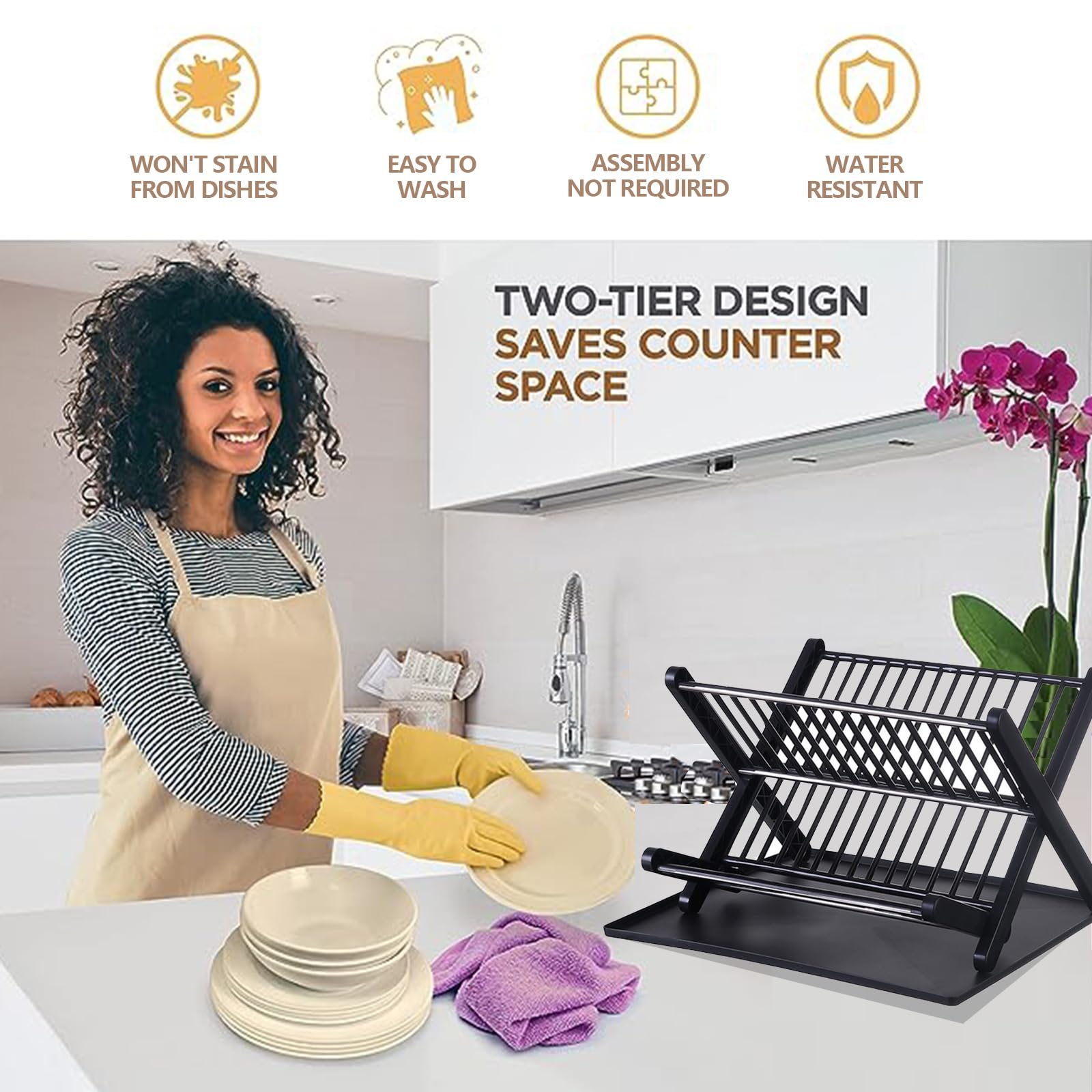 A Woman is Organizing 2-tier kitchen dish drying rack withplates, bowls, and dishes.