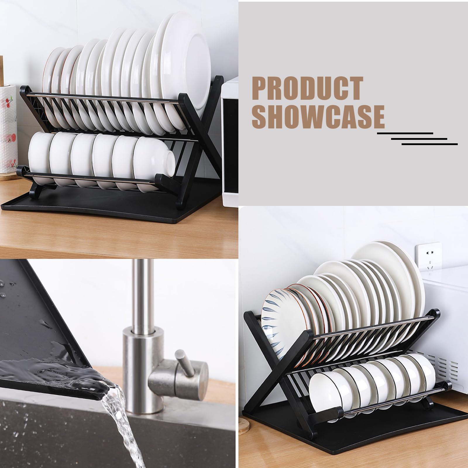 2-tier kitchen dish drying rack with large capacity for plates, bowls, and dishes, featuring a drainage tray for organized countertop dish drying.