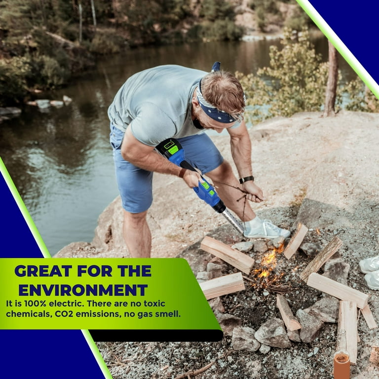 A Person is Using 20V Cordless Charcoal Lighter for Burning Woods while Camping.