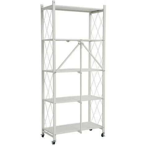 Multi Tier Foldable Storage Rack with Movable Wheel in white color