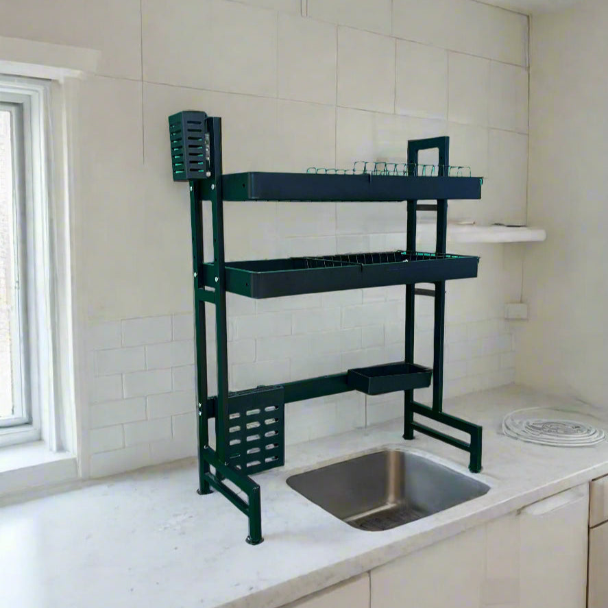 A 2 Layer Kitchen Dish Drying Rack Placed Over Kitchen Sink.