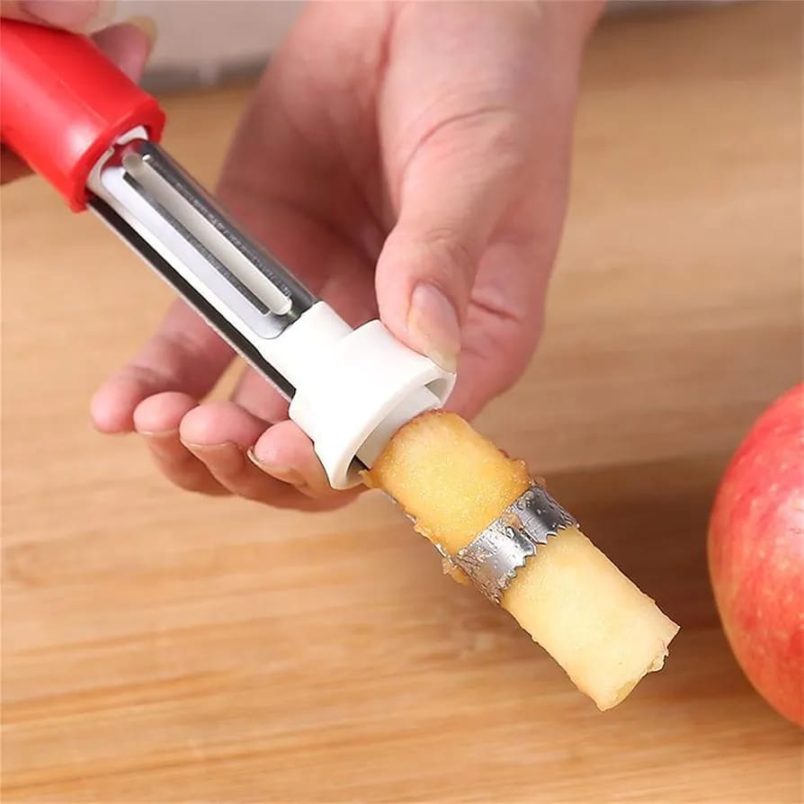 A Person is Taking the Core Of Apple Using 2 in 1 Fruit Peeler Corer.