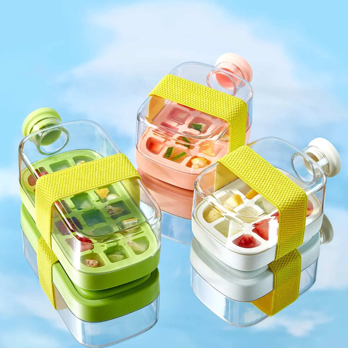 2 in 1 Ice Cube Maker Water Bottles in 3 Different Colors.