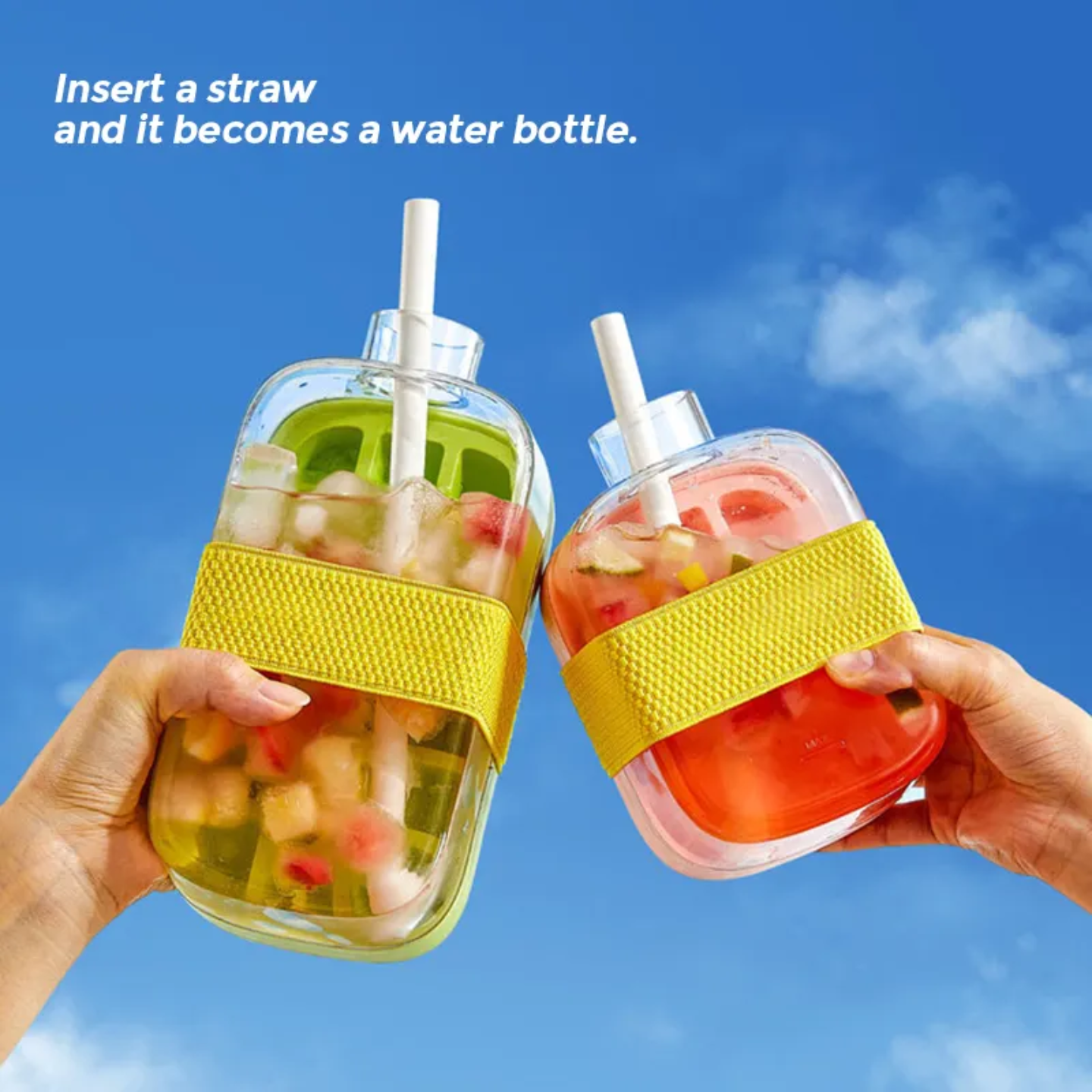 Two Persons are Holding 2 in 1 Ice Cube Maker Water Bottle.