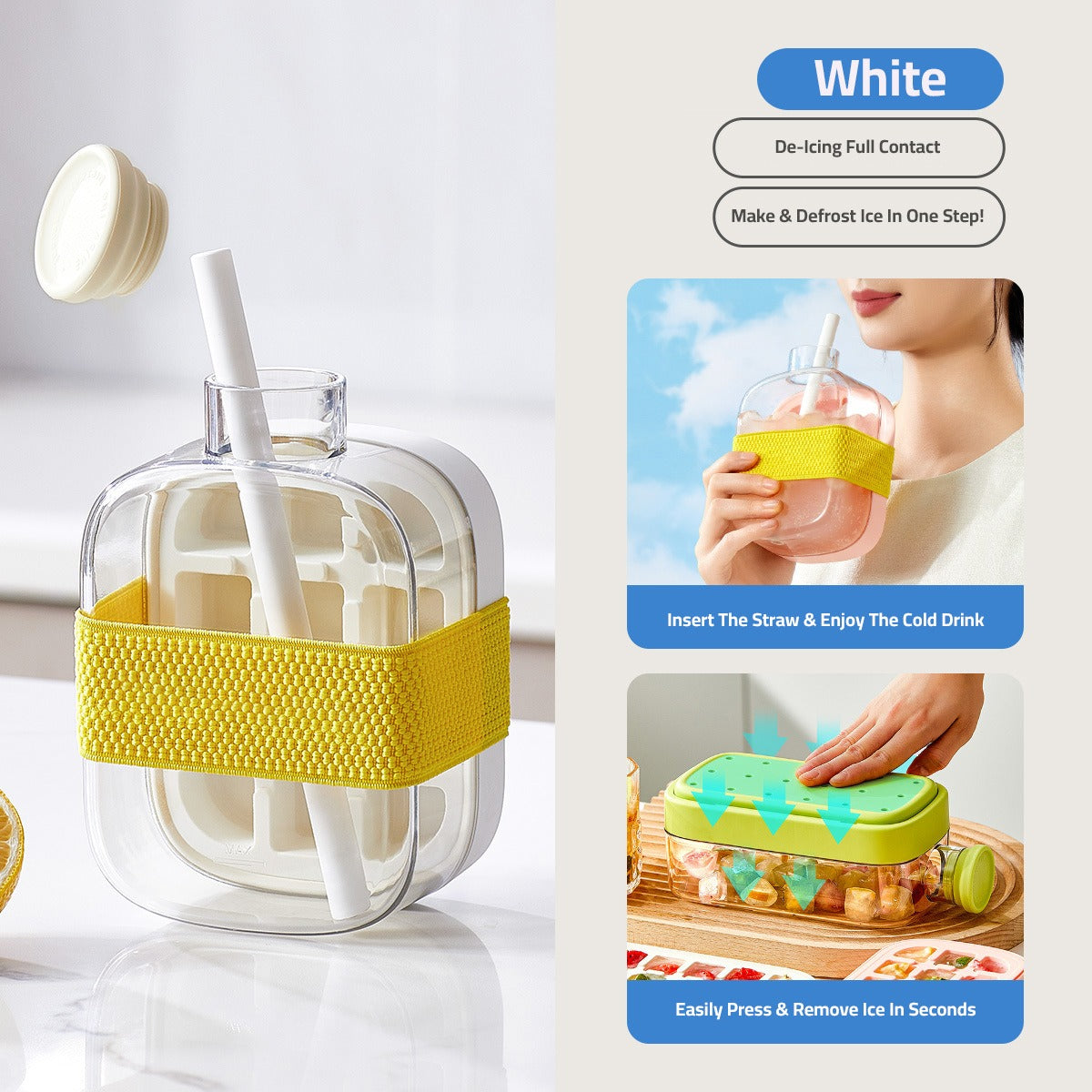 White 2 in 1 Ice Cube Maker Water Bottle.