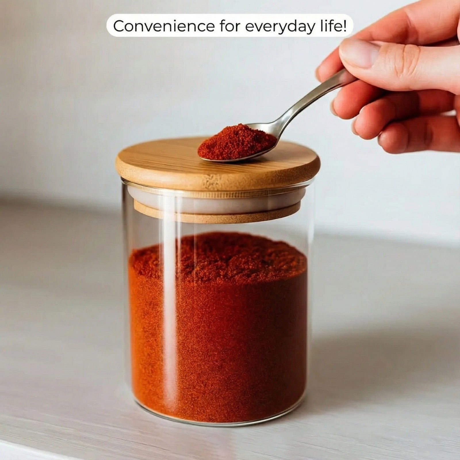 A Person is Taking Spice from Spice Jar of 3-Tier Spice Storage Jar Set with Wooden Rack Organizer.