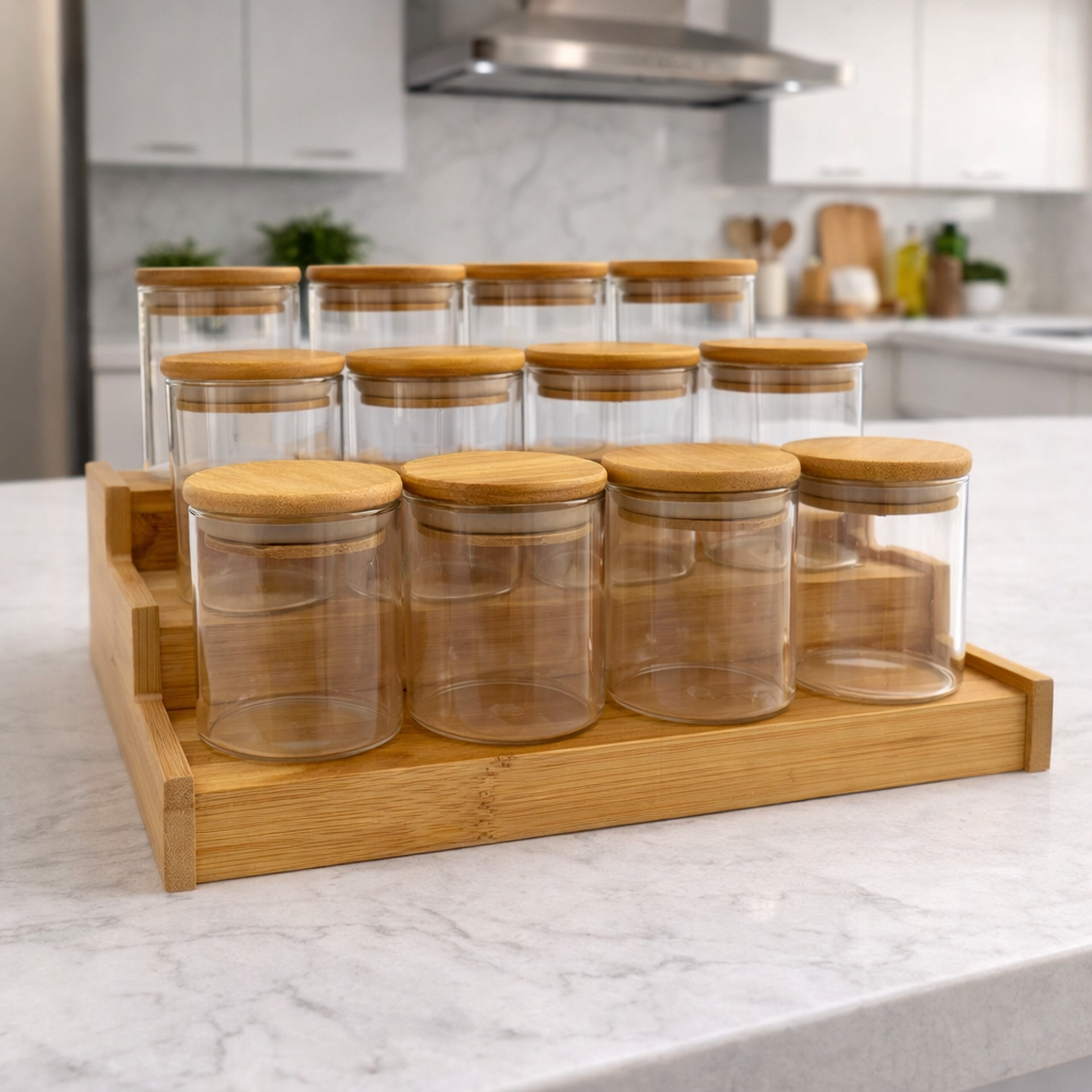 3-Tier Spice Storage Jar Set with Wooden Rack Organizer arranged in a Kitchen Countertop.