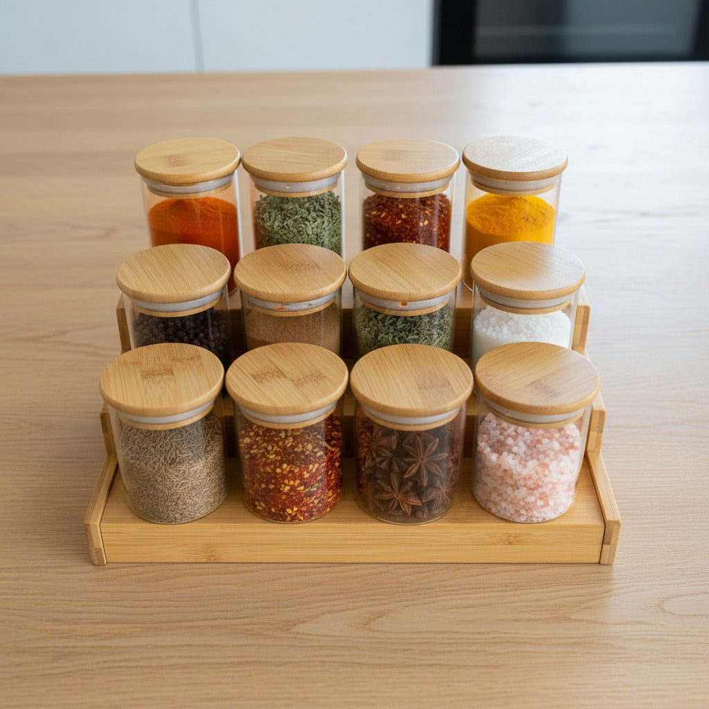 3-Tier Spice Storage Jar Set with Wooden Rack Organizer having Spices arranged in a Kitchen Countertop.