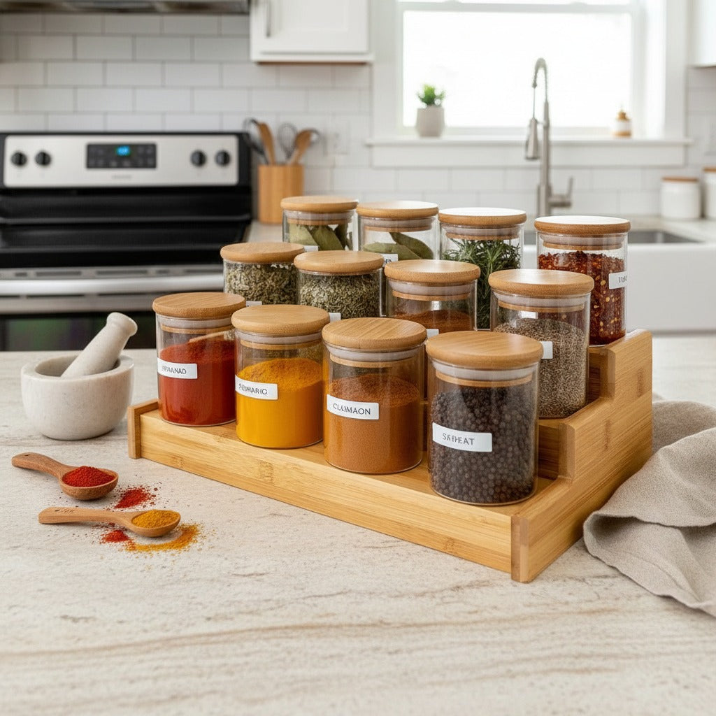 3-Tier Spice Storage Jar Set with Wooden Rack Organizer having Spices arranged in a Kitchen Countertop.