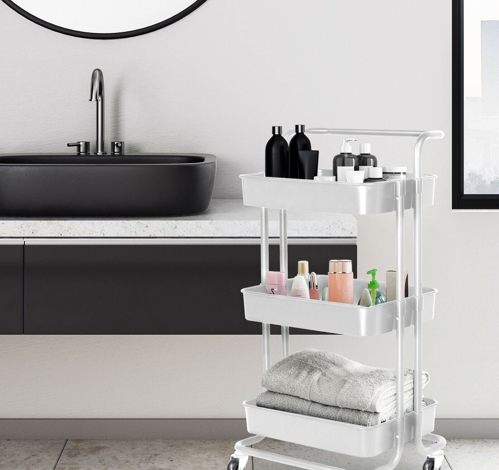 3-Tier Trolley Cart Organizer kept in bathroom