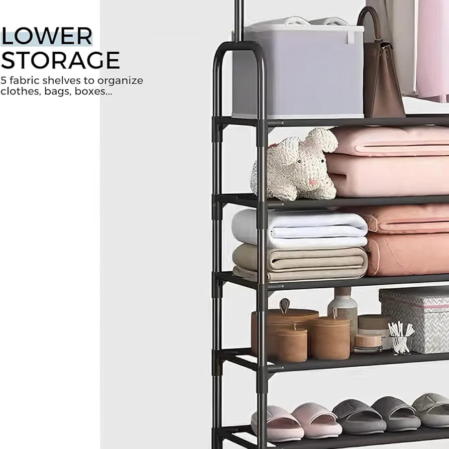 3-in-1 Floor Standing Clothes Rack with Cloths, Bags, Cheppal and Other Home Essentials are Organized.