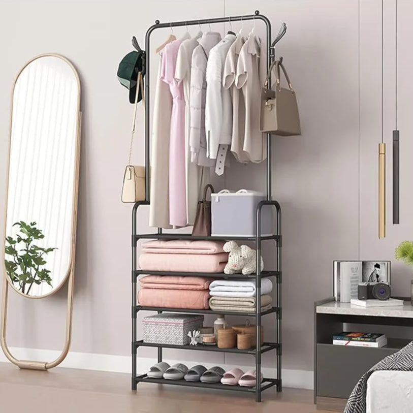 3-in-1 Floor Standing Clothes Rack with Cloths, Bags, Cheppal and Other Home Essentials are Organized.