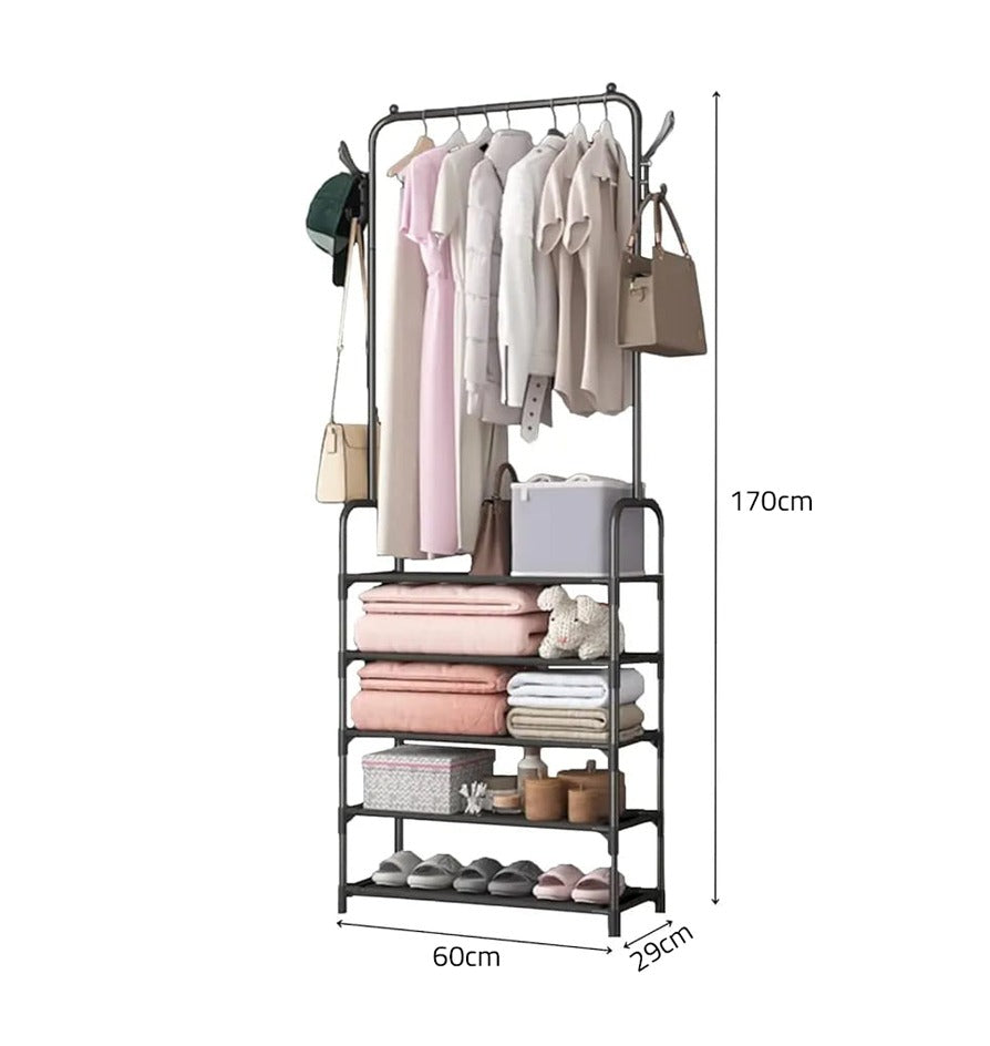 Size Of 3-in-1 Floor Standing Clothes Rack with Cloths, Bags, Cheppal and Other Home Essentials are Organized.
