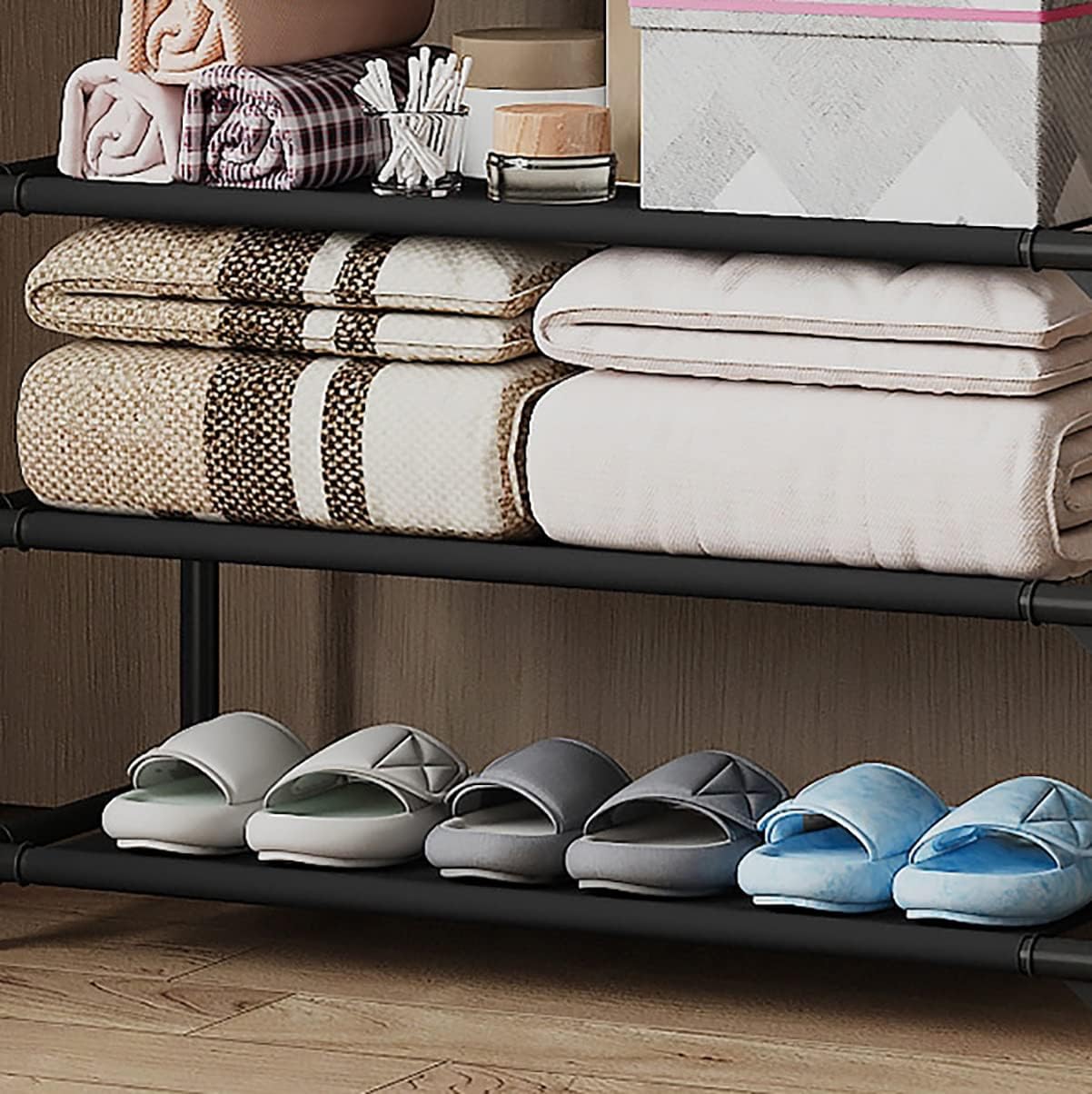 3-in-1 Floor Standing Clothes Rack with Cheppal and Other Home Essentials are Organized.