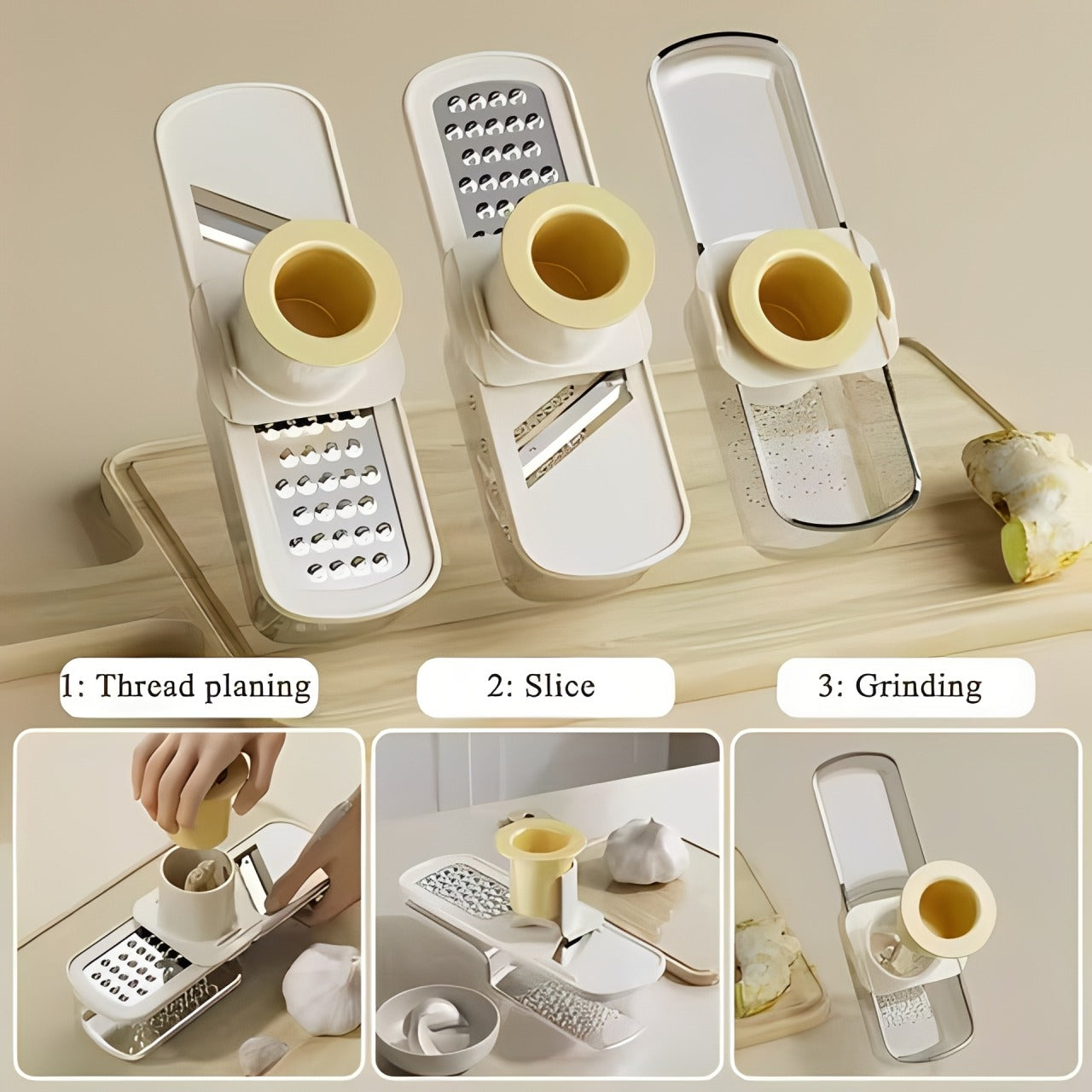 A Person is Demonstrating Different Chopping Options Of 3-in-1 Triple Mini Slicer.