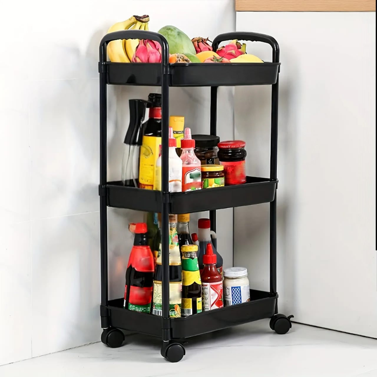 A 3-tier Trolley Cart is Organized with Food Items.