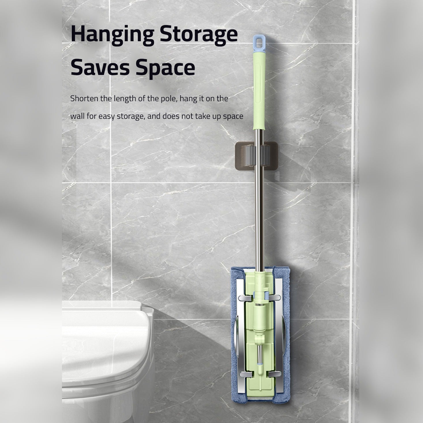 A 360° Telescopic Flat Mop is Hanged on the Toilet Wall.