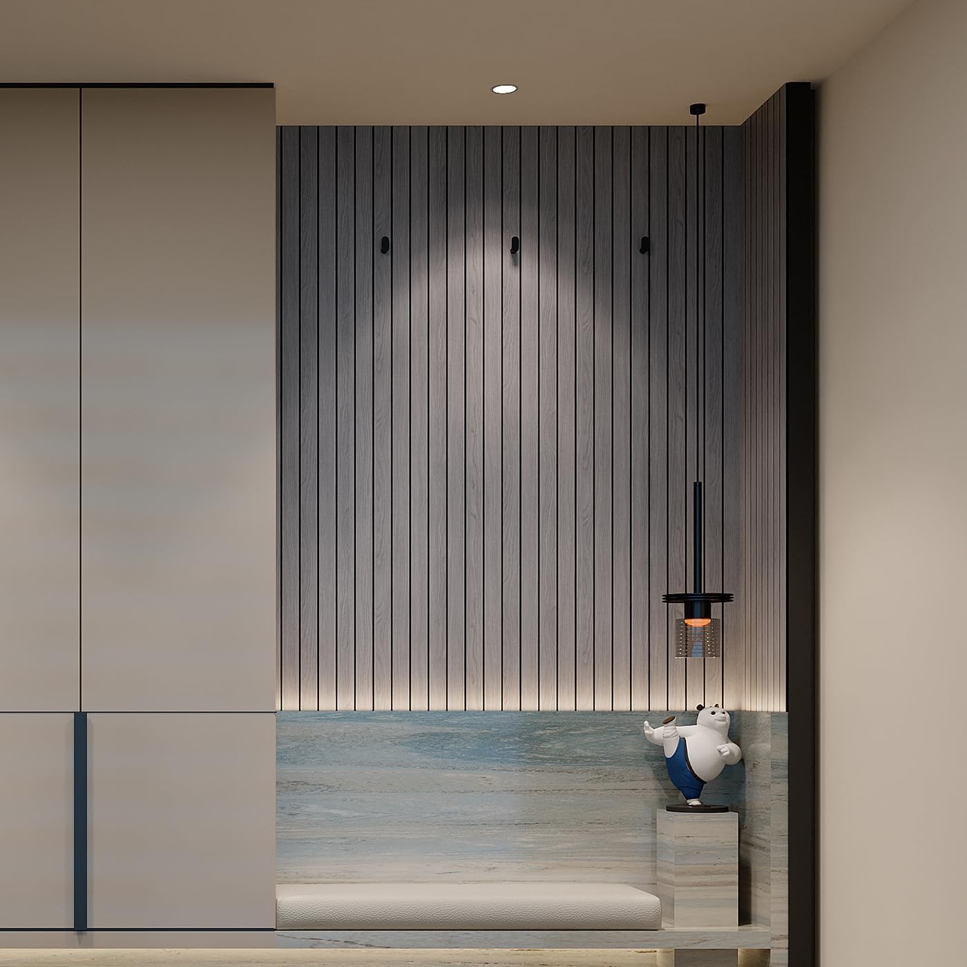 The image shows a modern interior wall featuring vertical 3D decorative panels, creating a textured and stylish look with soft ambient lighting and minimalist decor.