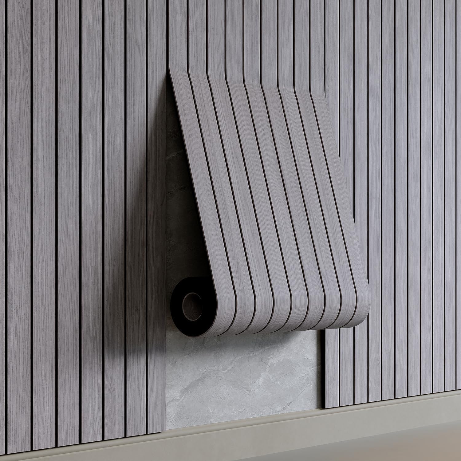 The image shows a modern interior wall featuring vertical 3D decorative panels.