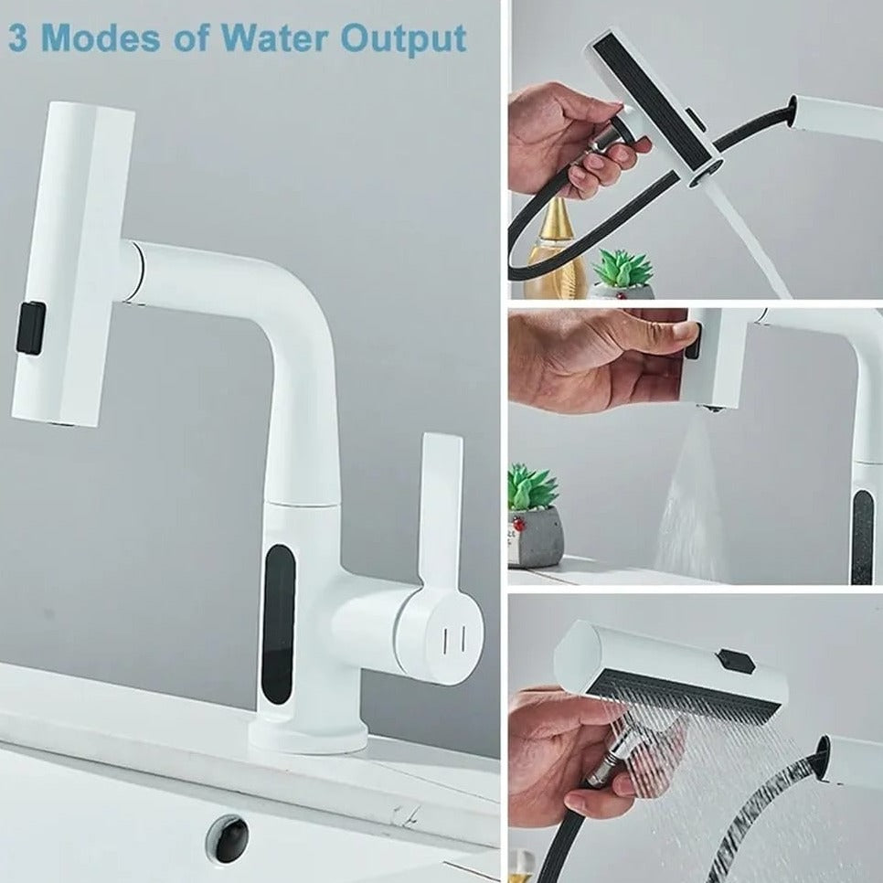 3 Modes Of White Digital Display Pull Type Kitchen Faucet.