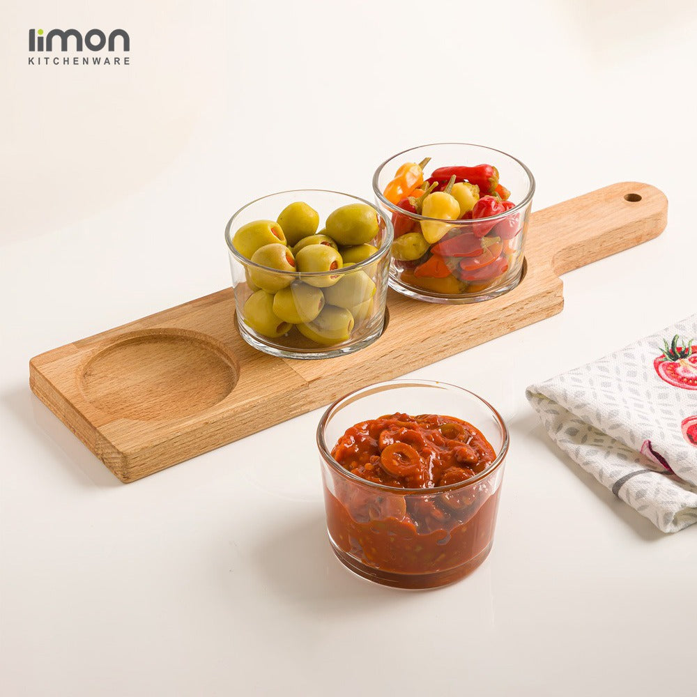 A 3 Section Snack Bowl Serving Tray with Wooden Base Filled with Food Items.