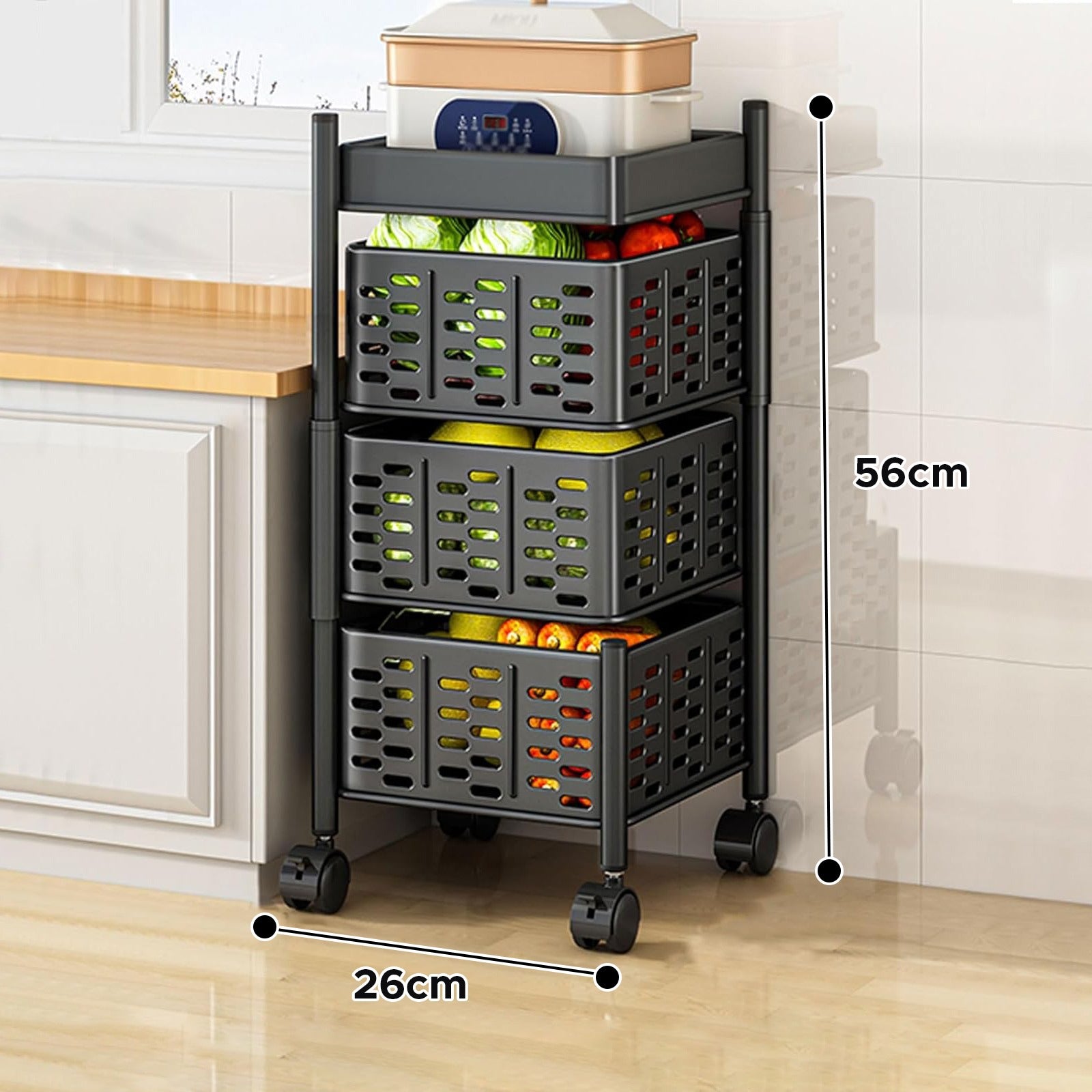 Size Of A 3 Tier Rotating Storage Kitchen Rack Shelf with Veggies are Placed at Kitchen Corner.