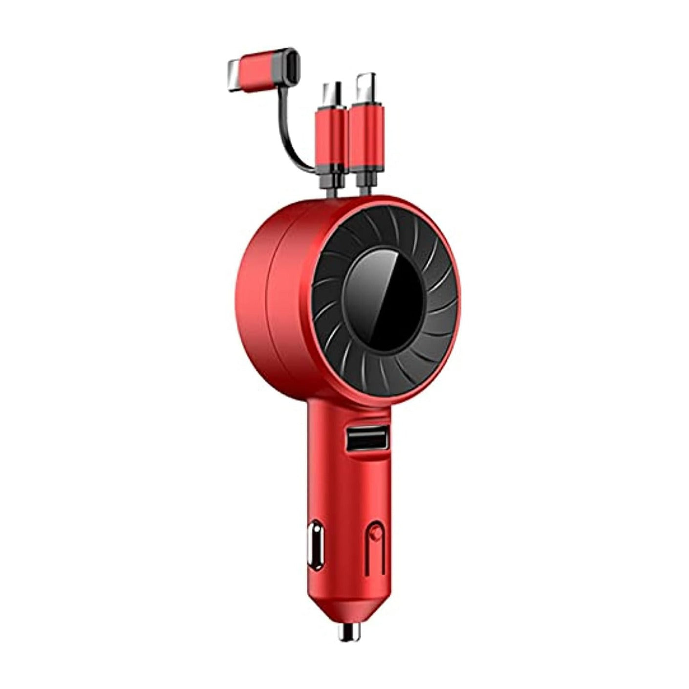 3 in 1 Retractable Cable Multi Charging Car Charger Adapter in red color