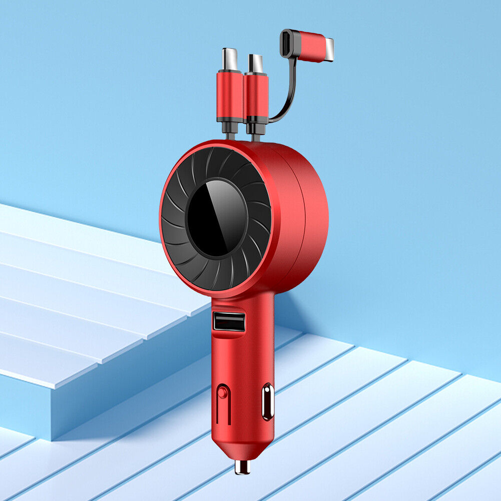 3 in 1 Retractable Cable Multi Charging Car Charger Adapter in red color