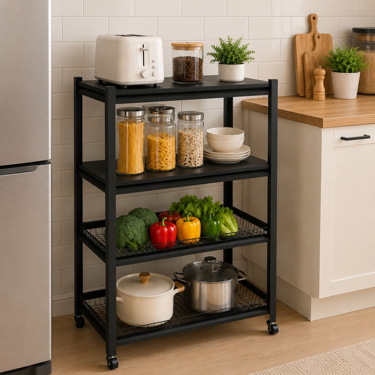 4-Tier Rolling Kitchen Storage Rack with food items in a kitchen setting