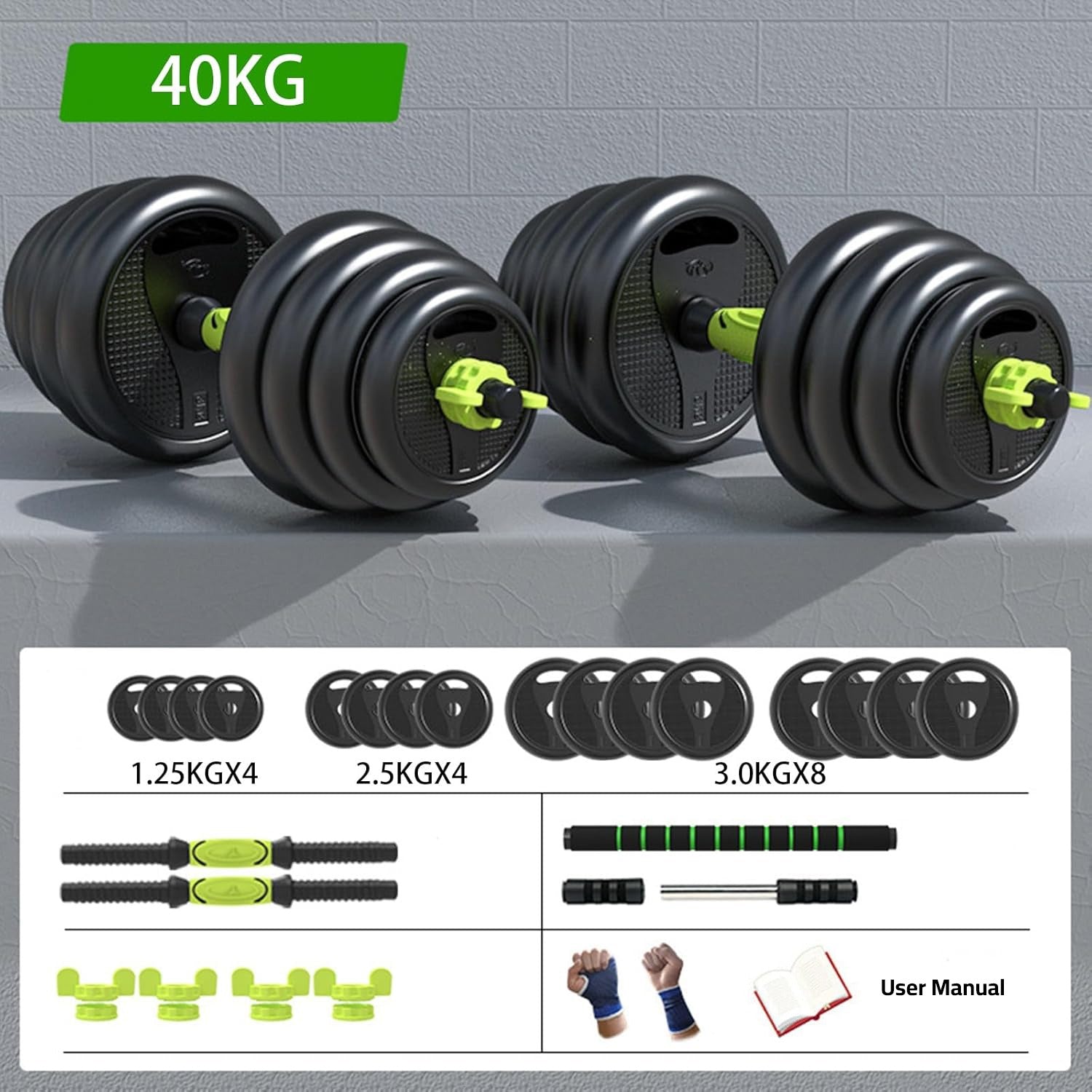 Parts Details Of 40Kg Adjustable Dumbbell Weight Set.