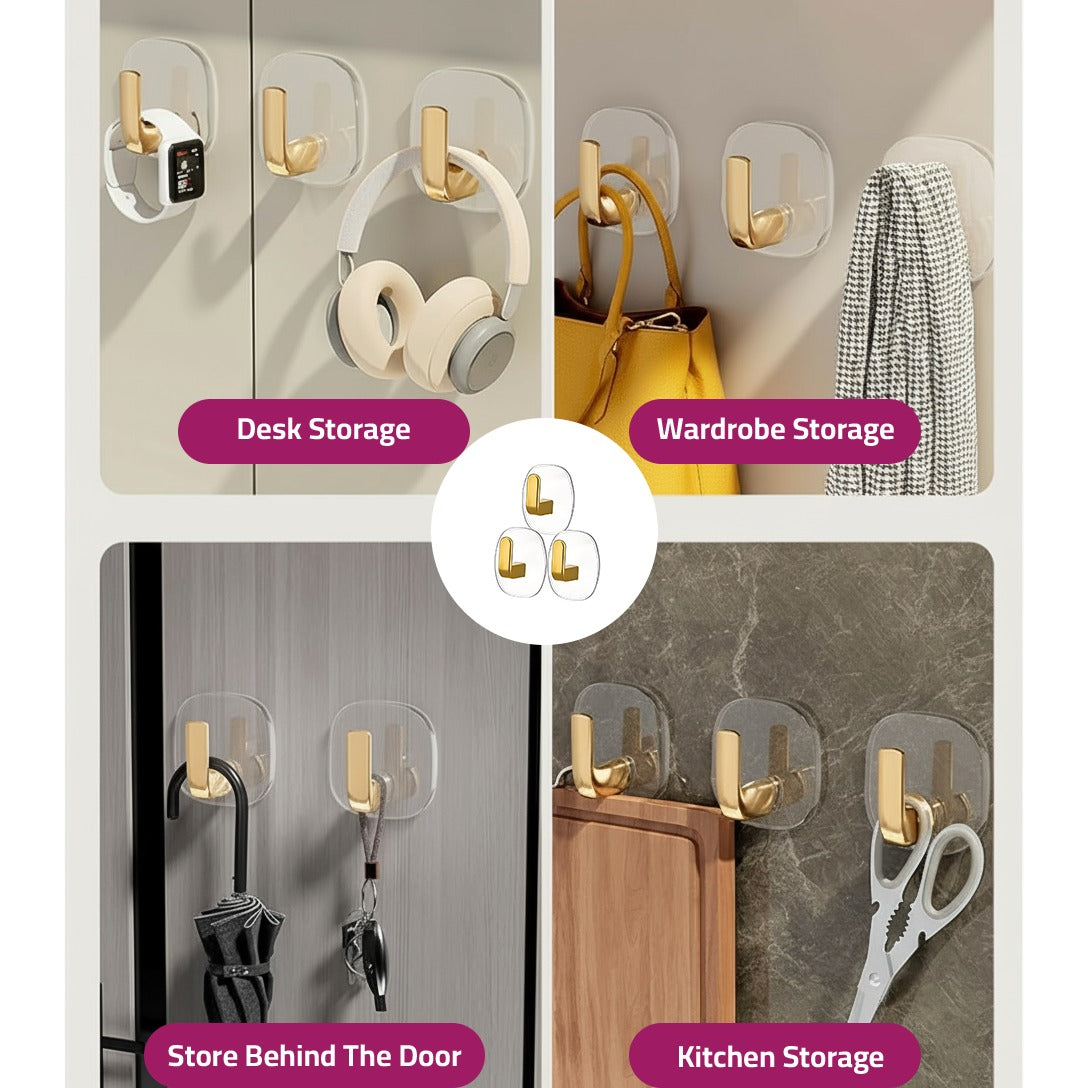 Water Ripple Adhesive Wall Hooks are Placed at Different Areas and Different Essentials are Hanged on it.
