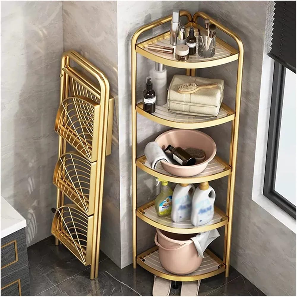 5-Tier Corner Storage Rack is Placed on the Corner Of The Bathroom With Laundry Items.